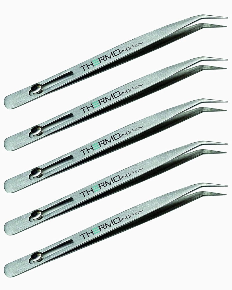 Thermo Curved Slide Button Locking Tweezer with Fine Tip (12 cms) (5 Pieces) - Image 1