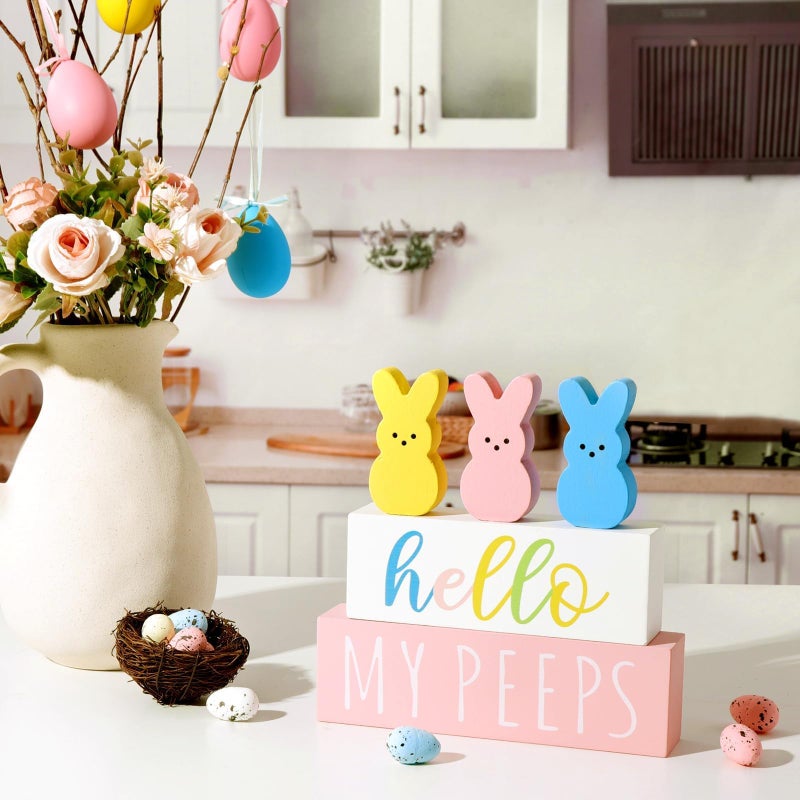 Treory Easter Decorations for The Home: 5 pcs Bunny Wooden Table Centerpiece Signs, Cute Easter Decor Peeps Rabbits Wooden Block Set Table DÃ©cor Farmhouse Rustic Tiered Tray DÃ©cor Gifts - Image 5