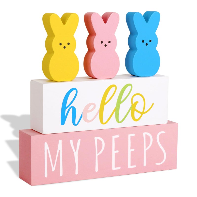 Treory Easter Decorations for The Home: 5 pcs Bunny Wooden Table Centerpiece Signs, Cute Easter Decor Peeps Rabbits Wooden Block Set Table DÃ©cor Farmhouse Rustic Tiered Tray DÃ©cor Gifts - Image 1