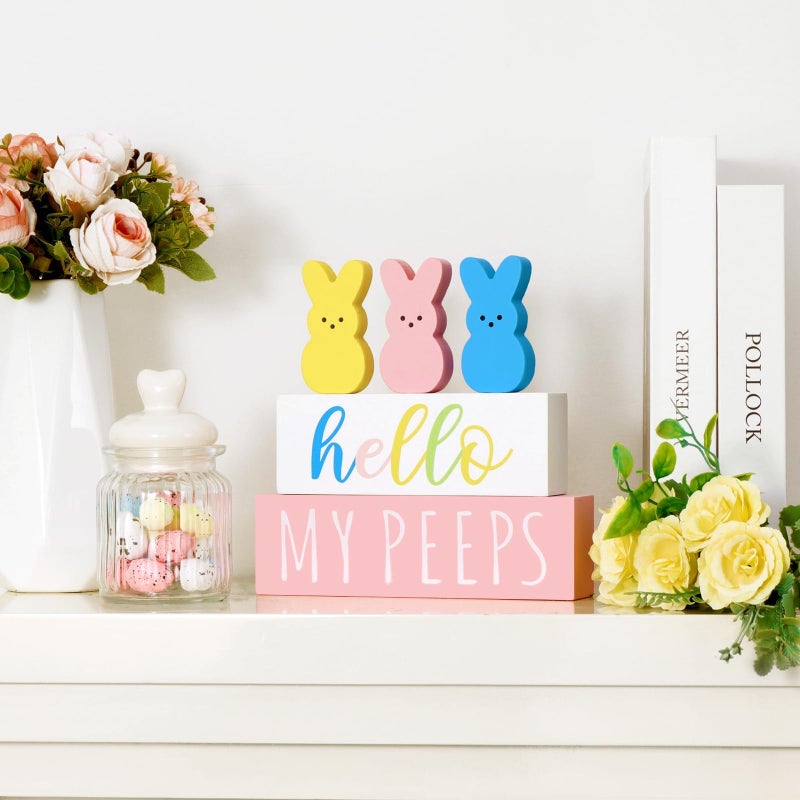 Treory Easter Decorations for The Home: 5 pcs Bunny Wooden Table Centerpiece Signs, Cute Easter Decor Peeps Rabbits Wooden Block Set Table DÃ©cor Farmhouse Rustic Tiered Tray DÃ©cor Gifts - Image 4