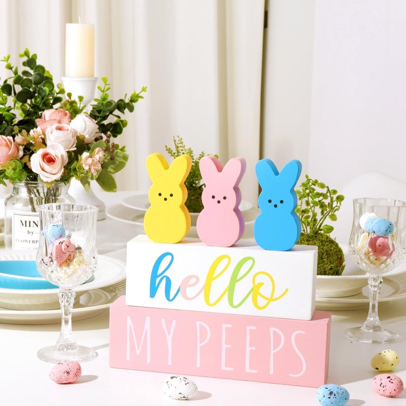 Treory Easter Decorations for The Home: 5 pcs Bunny Wooden Table Centerpiece Signs, Cute Easter Decor Peeps Rabbits Wooden Block Set Table DÃ©cor Farmhouse Rustic Tiered Tray DÃ©cor Gifts - Image 3