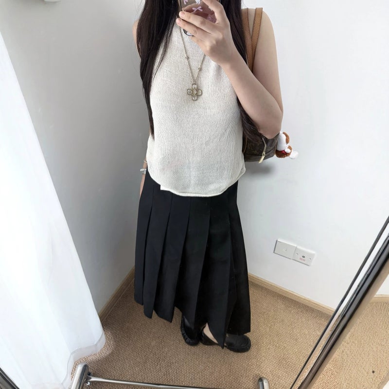 Women's Linen Yarn Knit Camisole - Loose Fit Crew Neck (White/Black) - Image 2