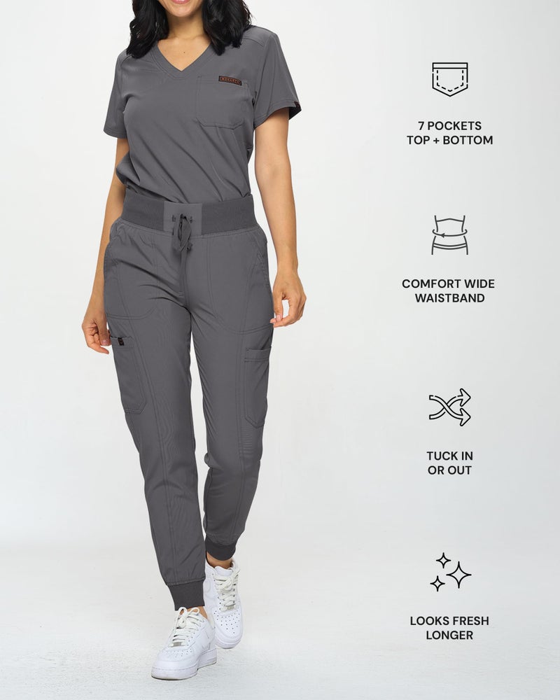 Monarch Uniforms Slim Fit Stretchy Scrubs Women's Jogger Scrub Set Slim Jogger Scrubs with Tuck-In Top for Women (CHARCOAL-XL) - Image 3