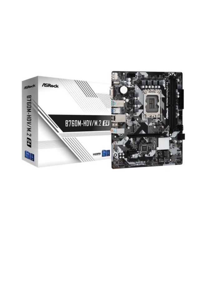 ASRock - ASRock B760M-HDV/M.2 D4, Supports 12th Gen Intel Core Processors (LGA1700), 5+1+1 Power Phase, 2 x DDR4 DIMMs, Supports Dual Channel, up to 5333+ (OC), 1 PCIe 4.0 x16, 2 PCIe 3.0 x1, 1 M.2 Key E for WiFi, Graphics Output Options: HDMI, DisplayPort, D-Sub Realtek ALC887/897 7.1 CH, HD Audio Codec 4 SATA3, 1 Hyper M.2 (PCIe Gen4x4), 1 Ultra M.2 (PCIe Gen3x4 & SATA) 1 USB 3.2 Gen1 Type-C (Rear), 5 USB 3.2 Gen1 Type-A (3 Rear, 2 Front), 5 USB 2.0 (2 Rear, 3 Front) Realtek 1G LAN Supports ASRock Auto Driver Installer - Image 1