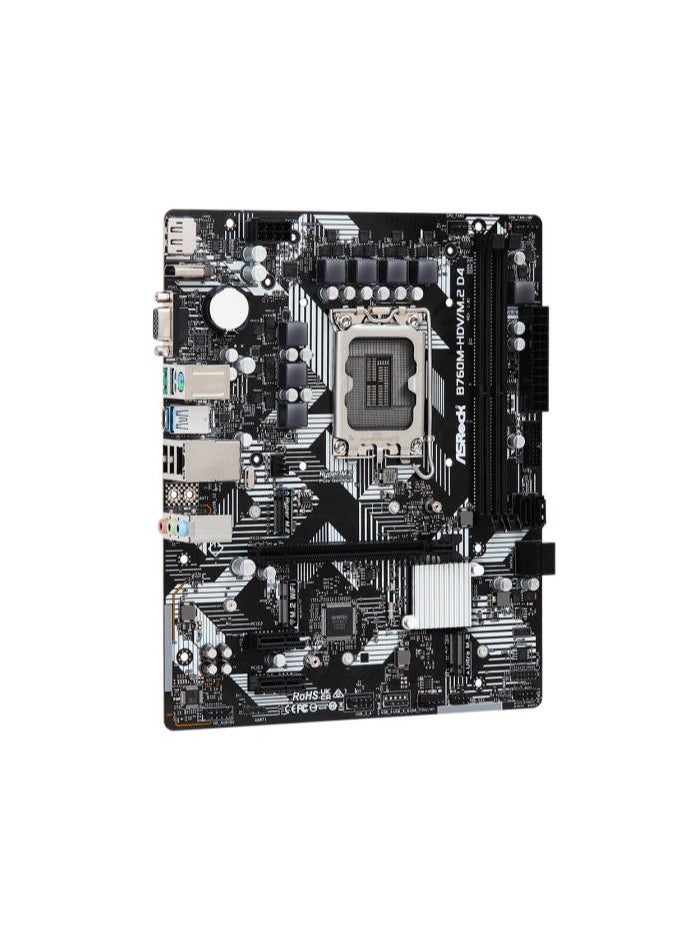 ASRock - ASRock B760M-HDV/M.2 D4, Supports 12th Gen Intel Core Processors (LGA1700), 5+1+1 Power Phase, 2 x DDR4 DIMMs, Supports Dual Channel, up to 5333+ (OC), 1 PCIe 4.0 x16, 2 PCIe 3.0 x1, 1 M.2 Key E for WiFi, Graphics Output Options: HDMI, DisplayPort, D-Sub Realtek ALC887/897 7.1 CH, HD Audio Codec 4 SATA3, 1 Hyper M.2 (PCIe Gen4x4), 1 Ultra M.2 (PCIe Gen3x4 & SATA) 1 USB 3.2 Gen1 Type-C (Rear), 5 USB 3.2 Gen1 Type-A (3 Rear, 2 Front), 5 USB 2.0 (2 Rear, 3 Front) Realtek 1G LAN Supports ASRock Auto Driver Installer - Image 1