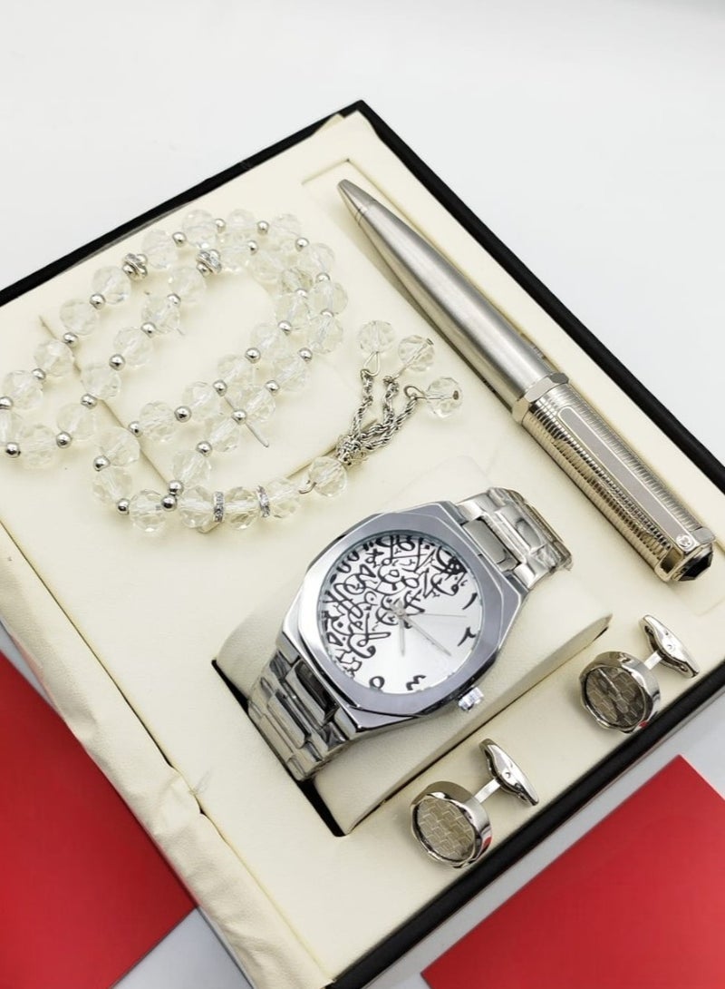 Catera Gift set for a high-quality, elegant waterproof men's watch, silver bracelet and white dial with Arabic decorations - limited edition 
