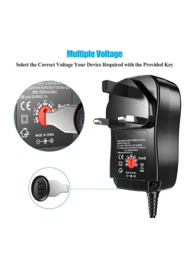 Terabyte Universal AC/DC Adapter, 30W Switching Power Supply with 6 Selectable Adapter Plugs for 3V 4.5V 5V 6V 7.5V 9V 12V Household Electronics and LED Strip - 2000mA Max - Image 2