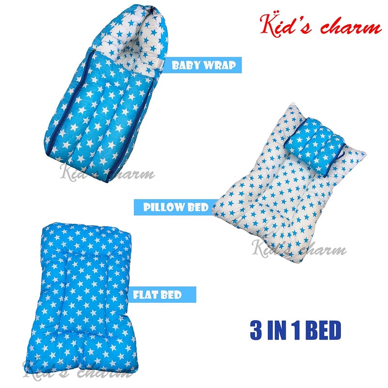 Kid's Charm Kids Charm Star 2 PCS Combo Set 3 in 1 Babys Cotton Cum Carry Bed2 in 1 Babys Cotton Bed with Mosquito Net for 04 Months Blue - Image 3