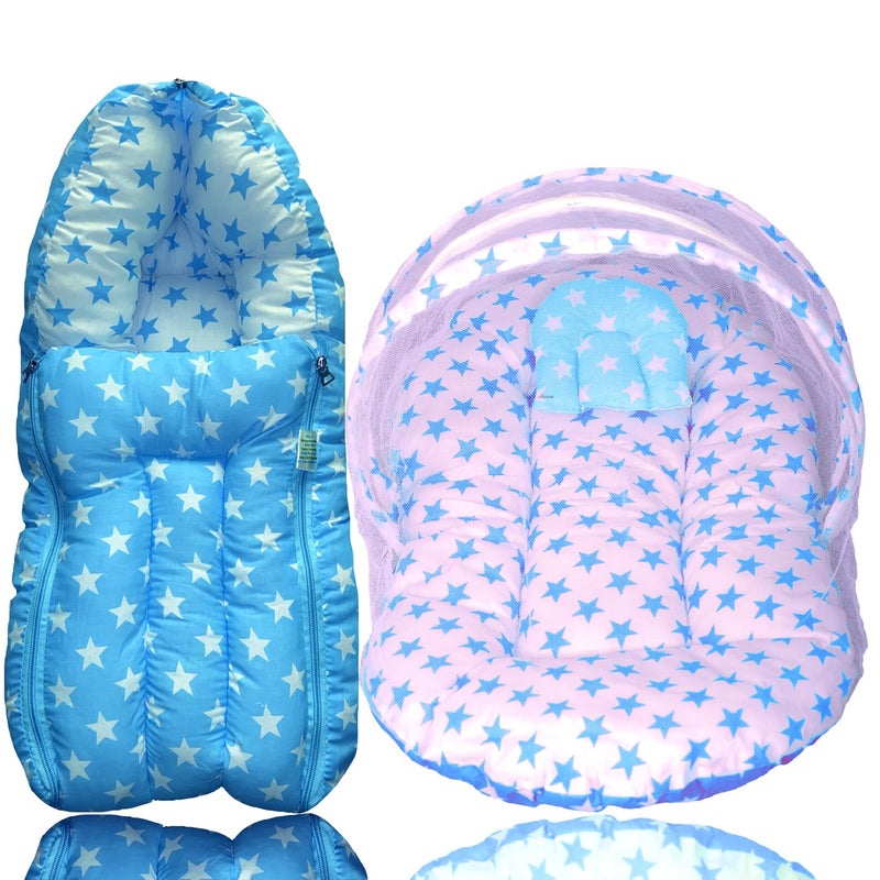 Kid's Charm Kids Charm Star 2 PCS Combo Set 3 in 1 Babys Cotton Cum Carry Bed2 in 1 Babys Cotton Bed with Mosquito Net for 04 Months Blue - Image 1