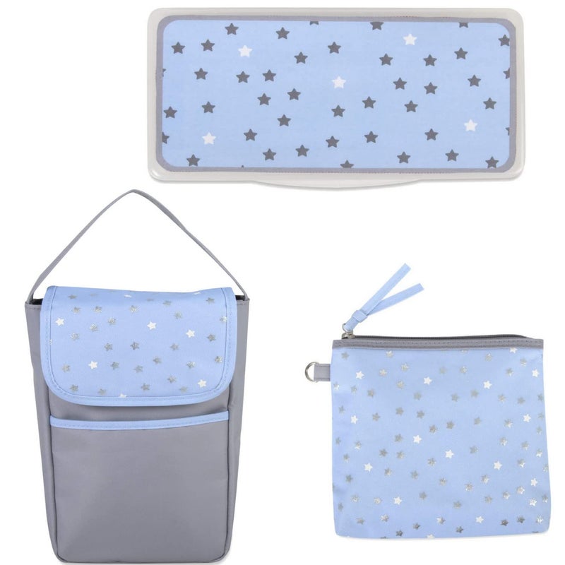 Baby Essentials Diaper Bag Tote 5 Piece Set with Sun, Moon, and Stars, Wipes Pocket, Dirty Diaper Pouch, Changing Pad (Grey/Blue) - Image 3