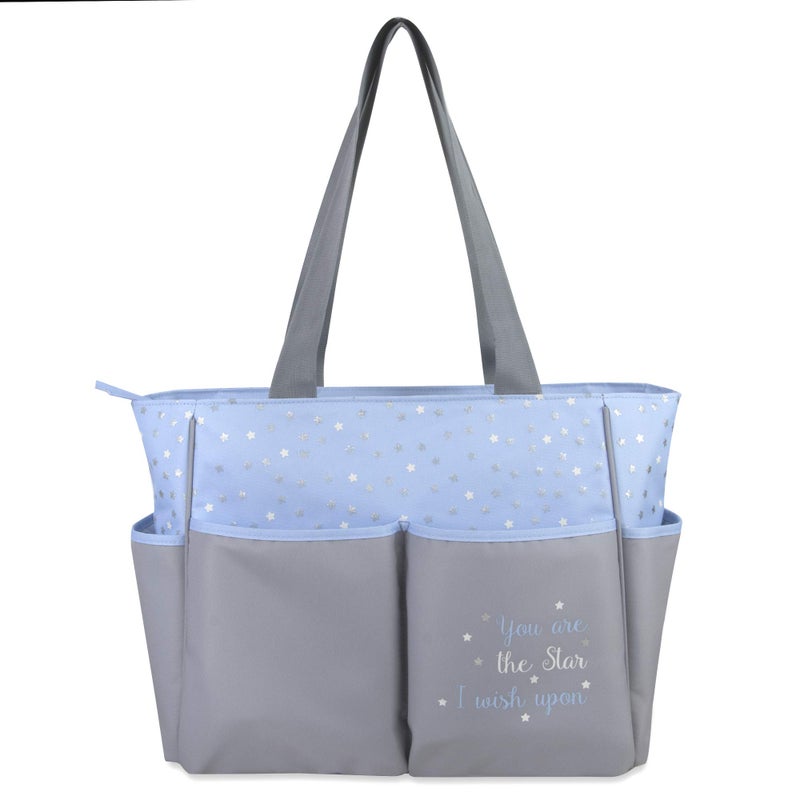 Baby Essentials Diaper Bag Tote 5 Piece Set with Sun, Moon, and Stars, Wipes Pocket, Dirty Diaper Pouch, Changing Pad (Grey/Blue) - Image 5