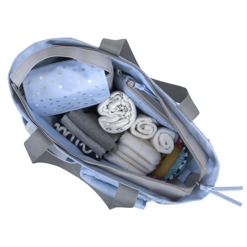 Baby Essentials Diaper Bag Tote 5 Piece Set with Sun, Moon, and Stars, Wipes Pocket, Dirty Diaper Pouch, Changing Pad (Grey/Blue) - Image 2
