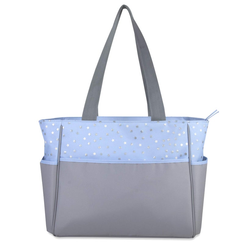 Baby Essentials Diaper Bag Tote 5 Piece Set with Sun, Moon, and Stars, Wipes Pocket, Dirty Diaper Pouch, Changing Pad (Grey/Blue) - Image 4