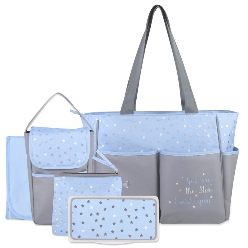 Baby Essentials Diaper Bag Tote 5 Piece Set with Sun, Moon, and Stars, Wipes Pocket, Dirty Diaper Pouch, Changing Pad (Grey/Blue) - Image 1
