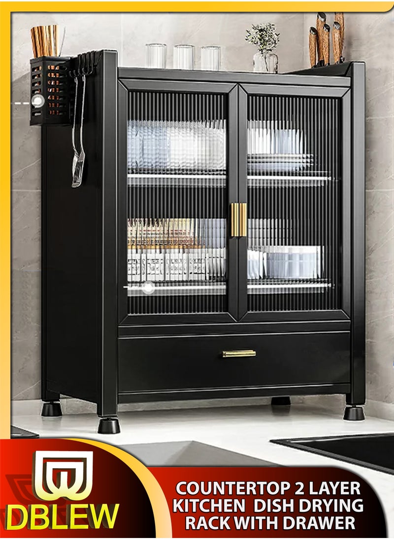 DBLEW - Kitchen Countertop 2 Layer Dish Drying Rack Bottom Drawer Dual Door Cabinet Layer Shelf Storage Detachable Drainer Tray Accessories Organizer Shelves for Bowls Plates Utensils Cutlery Spoon Fork Knife - Image 1