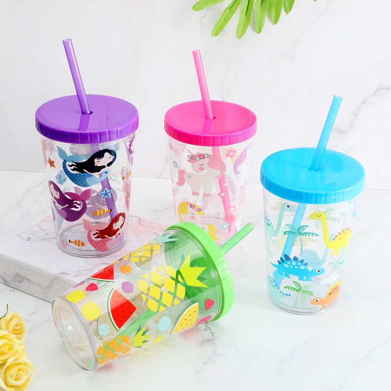 Home Tune 16oz Kids Tumbler Water Drinking Cup 4 Pack - BPA Free, Straw Lid Cup, Reusable, Lightweight, Spill-Proof, Cute Design for Girls & Boys - Unicorn, Mermaid, Dinosaur, Fruit - Image 3