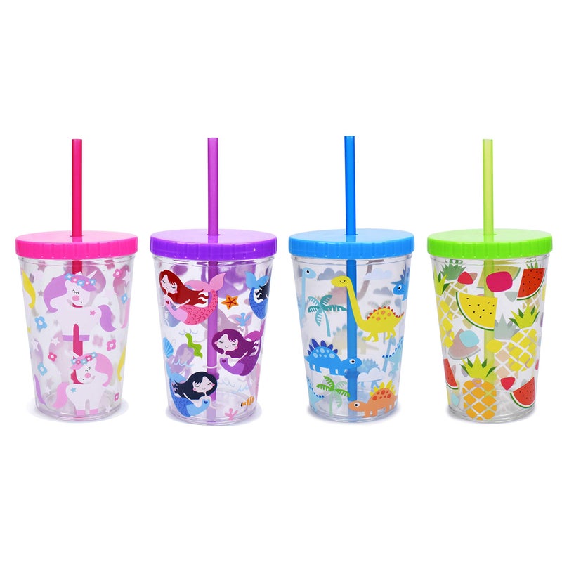 Home Tune 16oz Kids Tumbler Water Drinking Cup 4 Pack - BPA Free, Straw Lid Cup, Reusable, Lightweight, Spill-Proof, Cute Design for Girls & Boys - Unicorn, Mermaid, Dinosaur, Fruit - Image 1