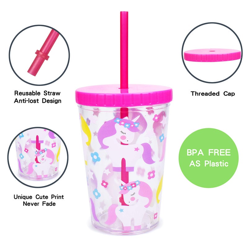 Home Tune 16oz Kids Tumbler Water Drinking Cup 4 Pack - BPA Free, Straw Lid Cup, Reusable, Lightweight, Spill-Proof, Cute Design for Girls & Boys - Unicorn, Mermaid, Dinosaur, Fruit - Image 2