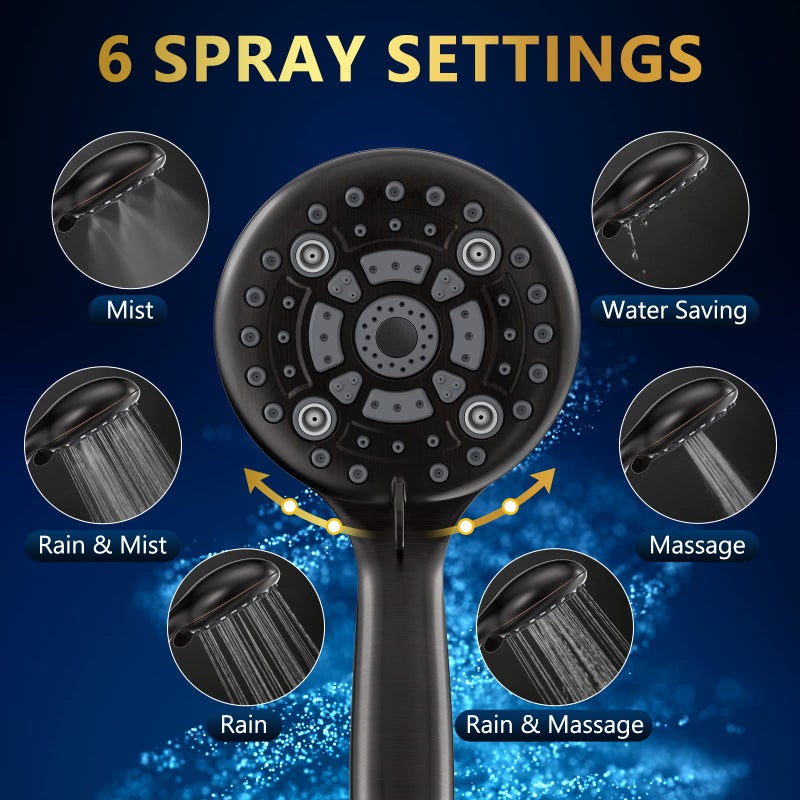 Dakings 6 Spray Modes High Pressure Handheld Showerhead Set Upgraded 5 Inches Shower Head With Handheld Spray Oil Rubbed Bronze Handheld Shower Head 60 Inches Stainless Steel Hose-1-Min Install - Image 2
