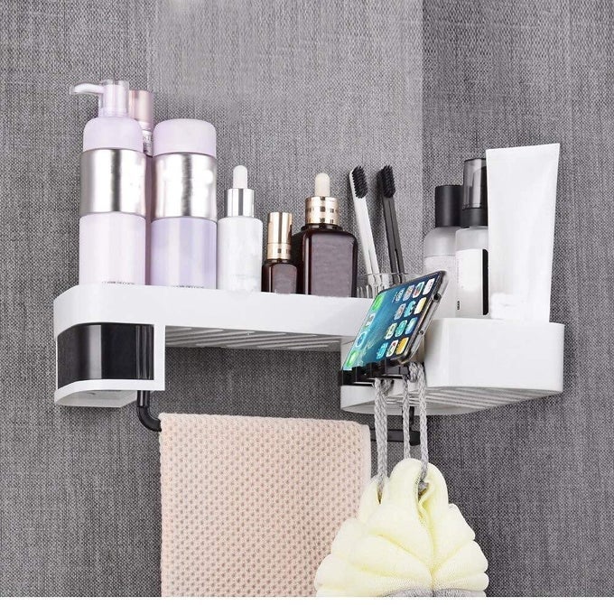 ROTATING BATHROOM STORAGE SHELF ABS PLASTIC NO DRILLING WALL MOUNT SUCTION CUP CORNER DRAIN BASKET SHOWER CADDY STORAGE RACK ORGANIZER FOR KITCHEN BATHROOM MULTICOLOR