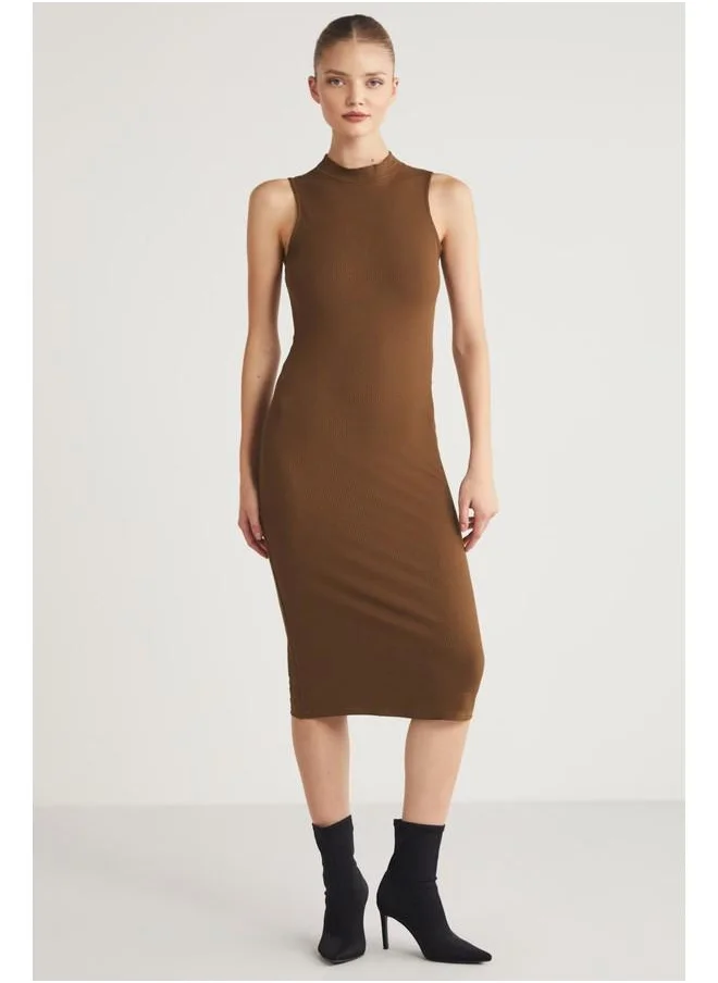GRIMELANGE Grimelange Panni Women's Crew Neck Sleeveless Slim Fit Midi Brown Dress