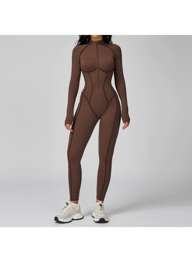 general AEEZO Womens Contour Seams Long Sleeve Padded Workout Jumpsuit Zip Up Tummy Control One Piece Bodycon Yoga Rompers - Image 1