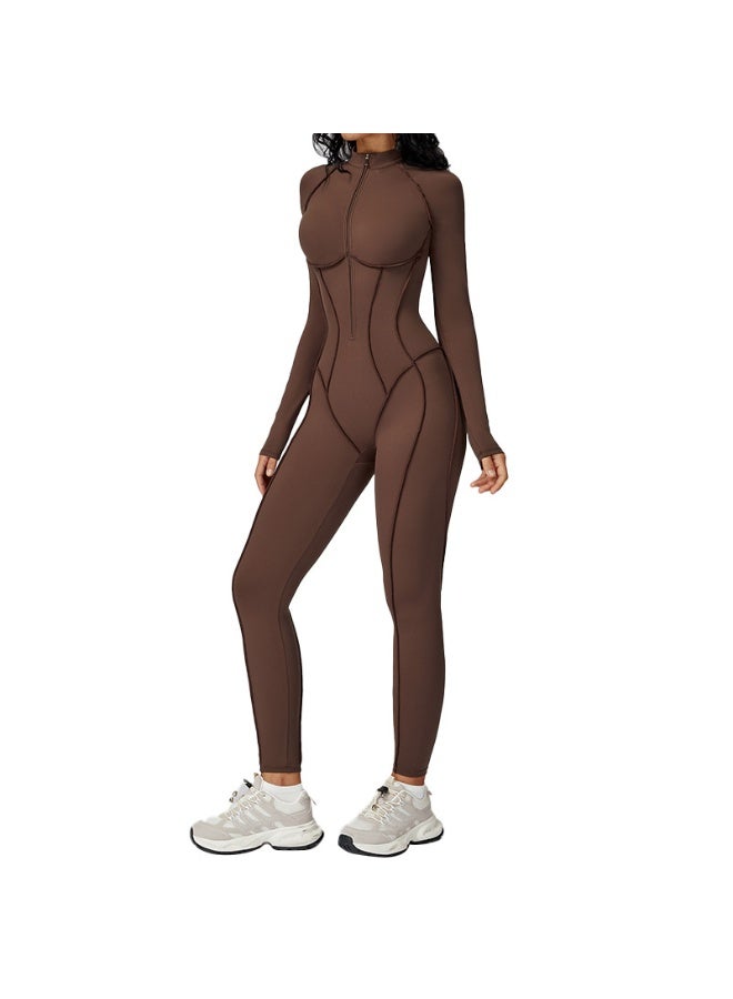 general AEEZO Womens Contour Seams Long Sleeve Padded Workout Jumpsuit Zip Up Tummy Control One Piece Bodycon Yoga Rompers - Image 2