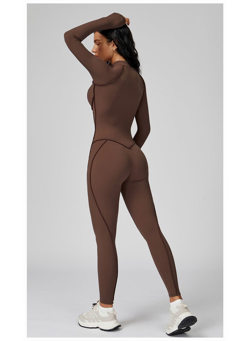 general AEEZO Womens Contour Seams Long Sleeve Padded Workout Jumpsuit Zip Up Tummy Control One Piece Bodycon Yoga Rompers - Image 3