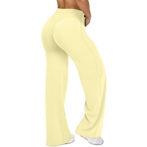 JGS1996 Wide Leg Yoga Pants Bottoms Straight Leg Leggings for Women High Waist Stretch Booty Casual Gym Workout Sweatpants Yellow - Image 1