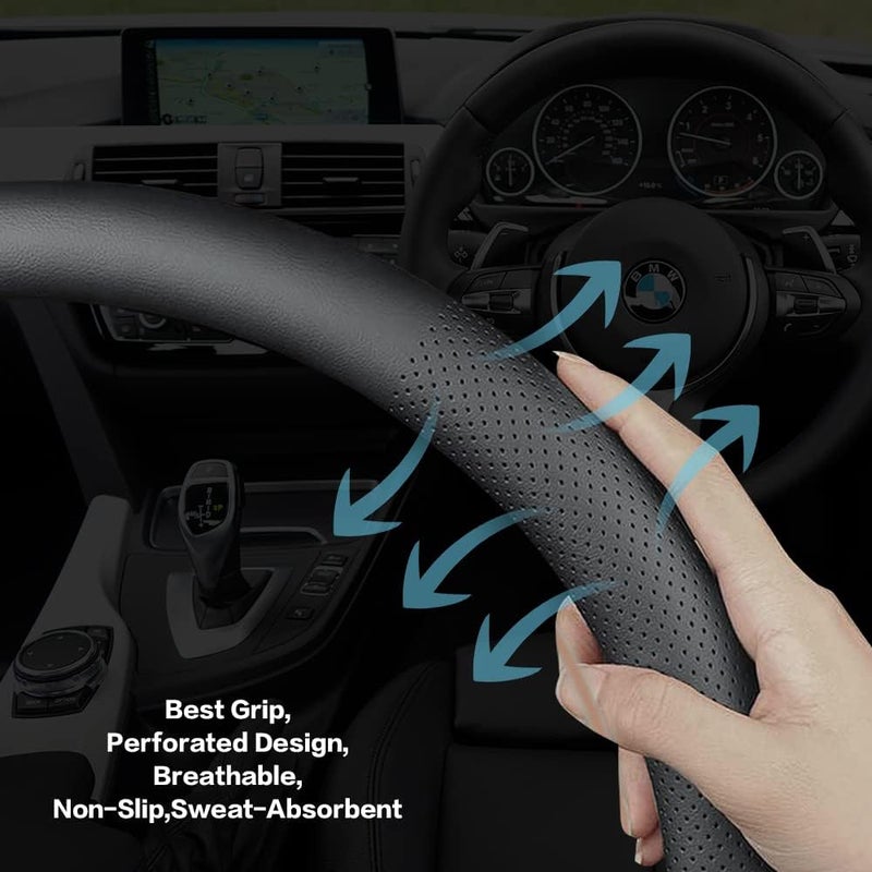 VARGTR Car Steering Wheel Cover,Universal 15 Inch Premium Leather Car Steering Wheel Cover,Best Grip,Perforated Design,Breathable,Non-Slip,Sweat-Absorbent,Warm in Winter and Cool in Summer (Black) - Image 5