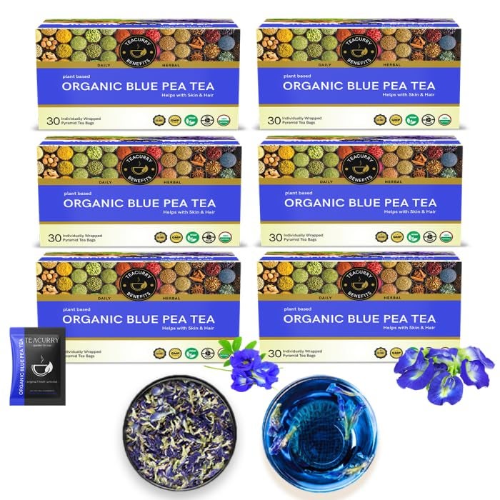 Teacurry Organic Blue Butterfly Pea Tea (180 Bags) - Helps with Skin Glow, Hair Growth, Eyesight, Mood Enhance | GMP, ISO - Imported from Indonesia | 100% Pure and Naturally Pea Flower Tea - Image 1