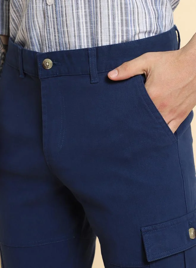 Dennis Lingo Men's Denim Blue 100% Cotton Solid Pattern Full Length Slim Fit Trouser