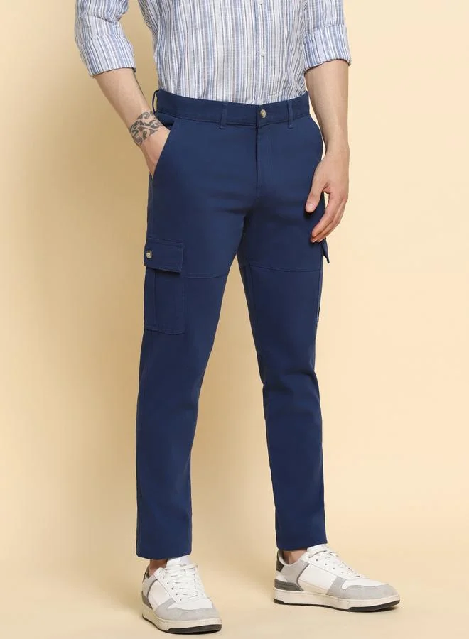 Dennis Lingo Men's Denim Blue 100% Cotton Solid Pattern Full Length Slim Fit Trouser