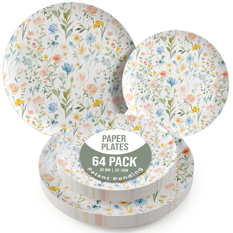 Trendables Heavy Duty Paper Plates Set For 32 Guests - 32 Each Of 8-inch And 10-inch Disposable Plates For Party - Fancy 64 Piece Dinnerware Set For All Occasions | Floral Design, Petite Fleur - Image 1