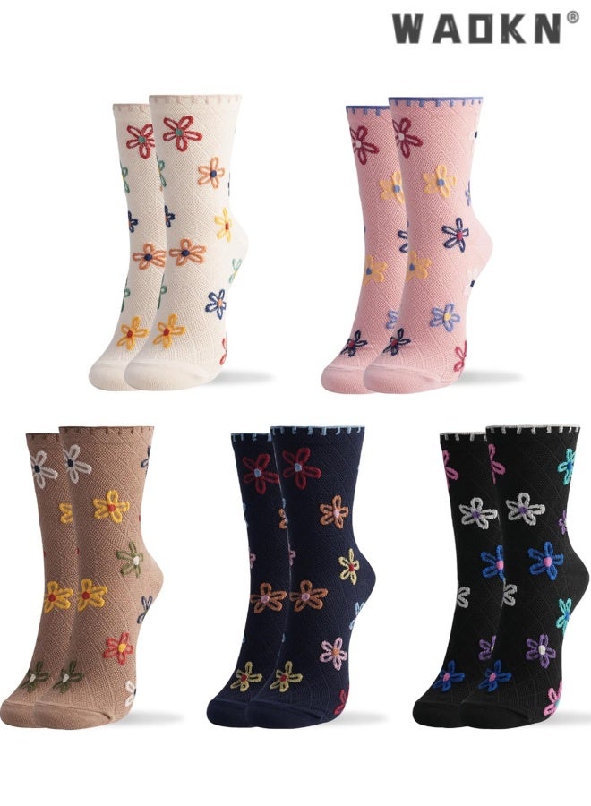 WAOKN 5 pcs Women's Cotton Socks, Cute Floral Ruffle Heart Design Polka Dot Solid Striped Pattern , Ladies Girls Socks , Casual versatile cotton socks , Sweat absorption and odor prevention , beige ,pink , blue ,black ,kakki . - Image 1