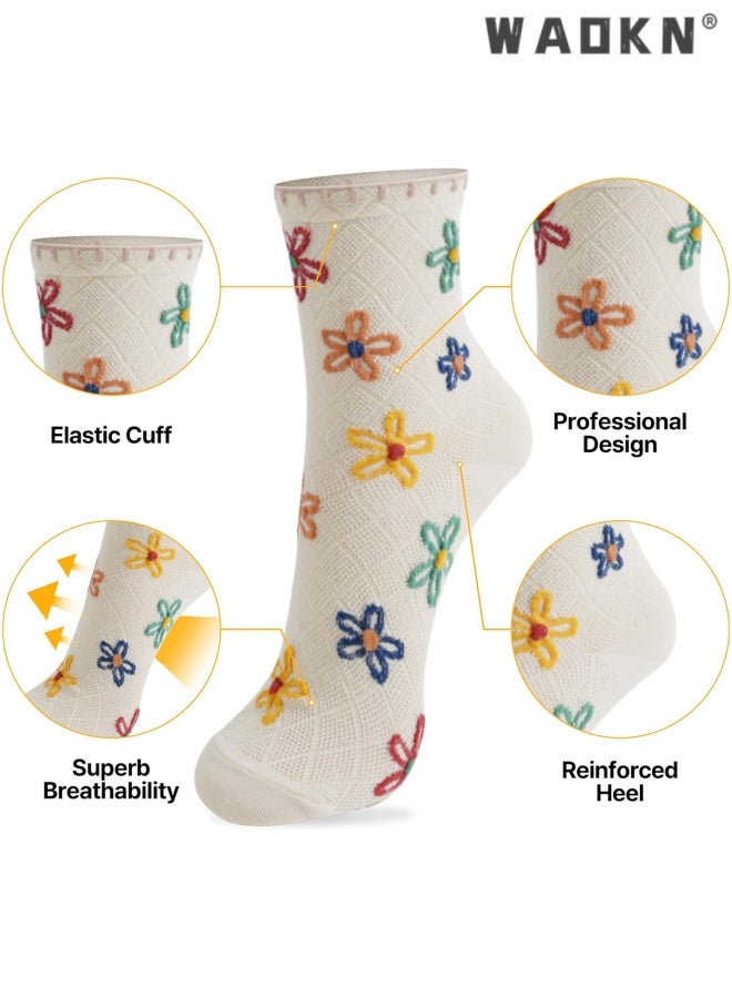 WAOKN 5 pcs Women's Cotton Socks, Cute Floral Ruffle Heart Design Polka Dot Solid Striped Pattern , Ladies Girls Socks , Casual versatile cotton socks , Sweat absorption and odor prevention , beige ,pink , blue ,black ,kakki . - Image 2