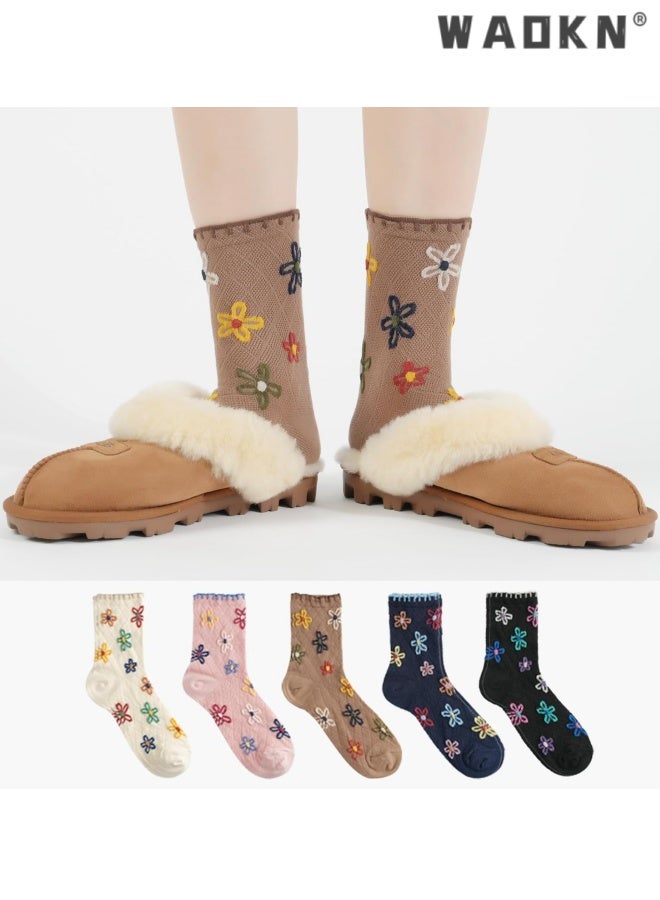 WAOKN 5 pcs Women's Cotton Socks, Cute Floral Ruffle Heart Design Polka Dot Solid Striped Pattern , Ladies Girls Socks , Casual versatile cotton socks , Sweat absorption and odor prevention , beige ,pink , blue ,black ,kakki . - Image 3