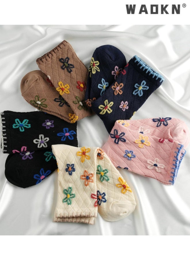 WAOKN 5 pcs Women's Cotton Socks, Cute Floral Ruffle Heart Design Polka Dot Solid Striped Pattern , Ladies Girls Socks , Casual versatile cotton socks , Sweat absorption and odor prevention , beige ,pink , blue ,black ,kakki . - Image 4