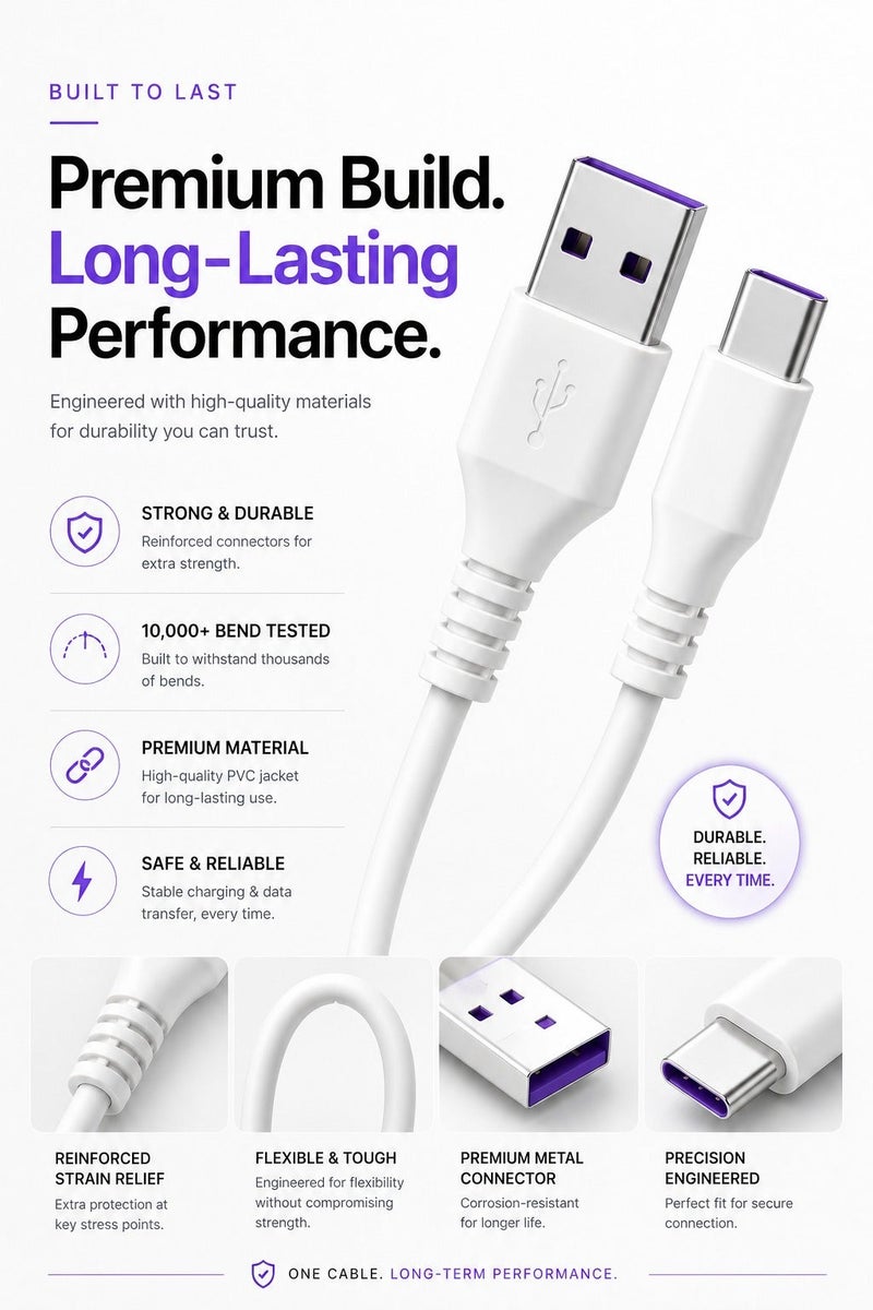 كابل USB إلى Type-C - شحن سريع 5 أمبير، مزامنة بيانات، خالٍ من التشابك، متين - Image 2