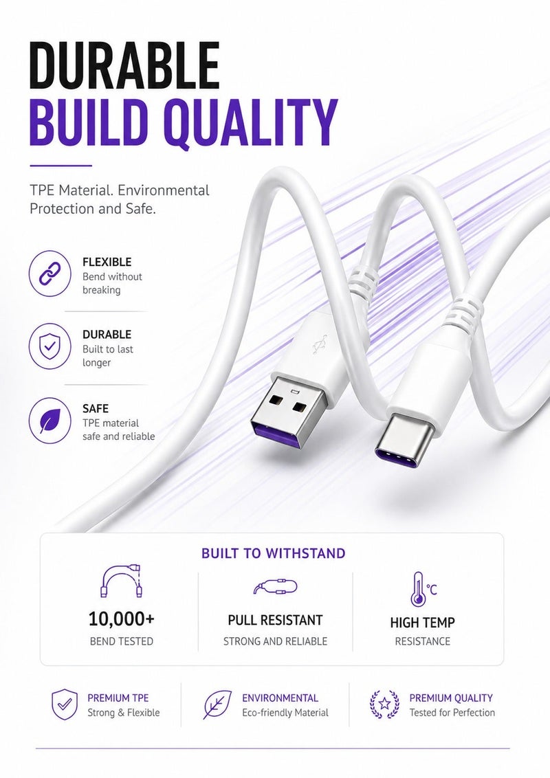 كابل USB إلى Type-C - شحن سريع 5 أمبير، مزامنة بيانات، خالٍ من التشابك، متين - Image 3