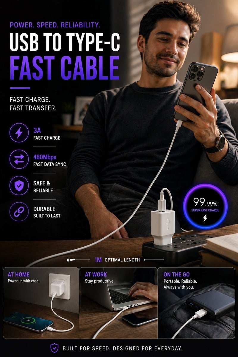 كابل USB إلى Type-C - شحن سريع 5 أمبير، مزامنة بيانات، خالٍ من التشابك، متين - Image 5