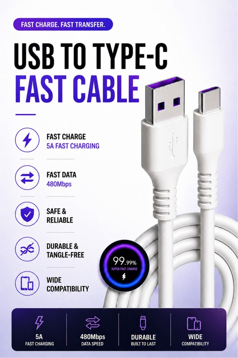 كابل USB إلى Type-C - شحن سريع 5 أمبير، مزامنة بيانات، خالٍ من التشابك، متين - Image 1