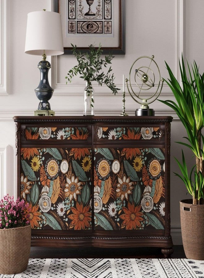 Laatse Boho Floral Wallpaper Peel and Stick,Vintage Botanical Contact Paper 17.5" x 118", Retro Flowers Wall Paper Self Adhesive Removable Waterproof for Walls Shelves Cabinet Table (Orange, Blue, Black) - Image 2