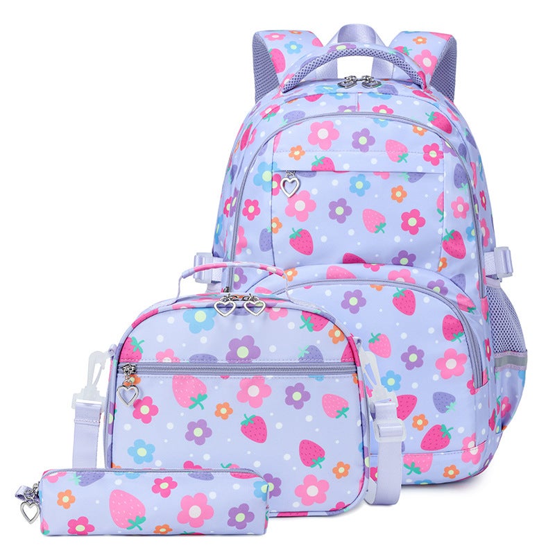 3-Piece Nylon Student Backpack for Women, Strawberry Flower Print, Large Capacity - Image 4