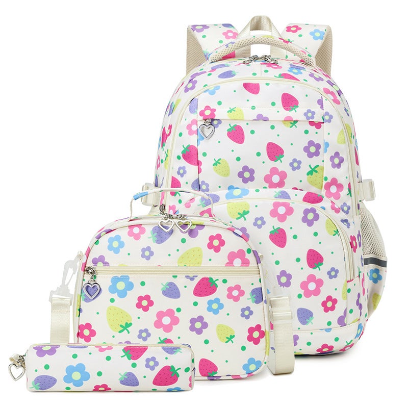3-Piece Nylon Student Backpack for Women, Strawberry Flower Print, Large Capacity - Image 1