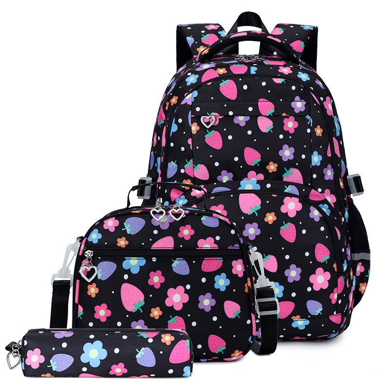 3-Piece Nylon Student Backpack for Women, Strawberry Flower Print, Large Capacity - Image 3