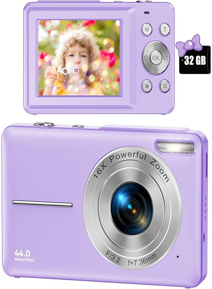 Digital Camera with 32GB Card, FHD 1080P 44MP, 16x Digital Zoom, Simple Compact Camera, Portable Digital Camera with Lanyard, Good Gift for Kids Teens (Purple)  - Image 1