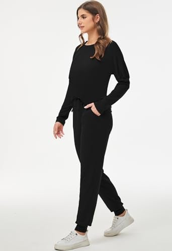 Fixmatti 2 Piece Outfits Women Sweatsuit Long Sleeve Shirt and Pant Lounge Set Black 2XL - Image 5
