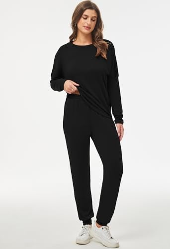 Fixmatti 2 Piece Outfits Women Sweatsuit Long Sleeve Shirt and Pant Lounge Set Black 2XL - Image 4