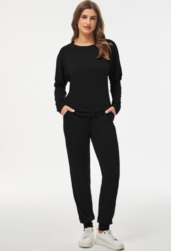 Fixmatti 2 Piece Outfits Women Sweatsuit Long Sleeve Shirt and Pant Lounge Set Black 2XL - Image 3